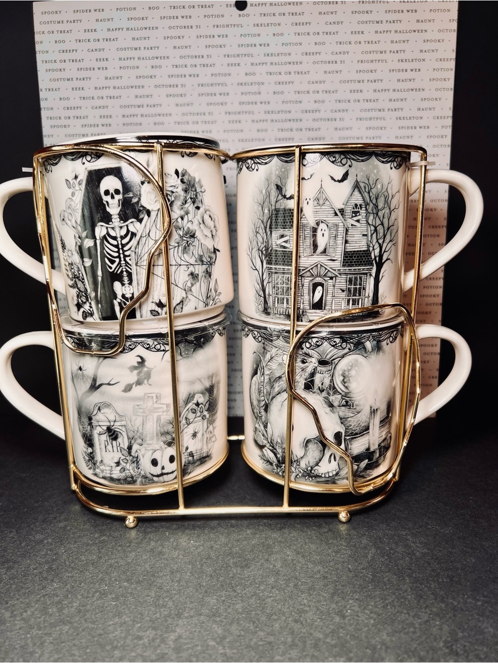 4 Halloween Mugs in Gold Skulls Metal Rack Witch Haunted House Ghost Rat